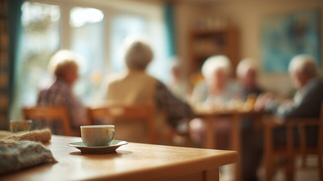 Memory care home interior with elderly resident group sitting at table, warm lighting, cup on table symbolizing companionship and supportive aged care.