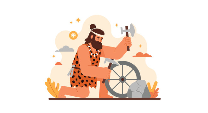 Prehistoric caveman wearing animal skin clothing focuses on sharpening a primitive stone wheel using an axe in a stylized outdoor setting.
