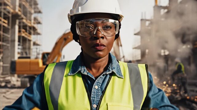 Construction worker safety vest hard hat protective glasses industrial site safety helmet gloves adjusting protective gear scaffolding heavy machinery urban development laborer equipment building