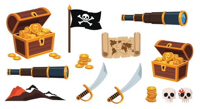 Collection of pirate-themed objects including treasure chests full of gold coins, telescopes, cutlass swords, and a Jolly Roger flag.