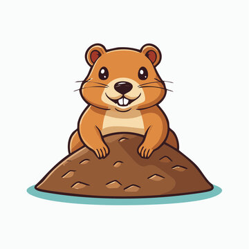 Cute cartoon groundhog sitting on a dirt mound