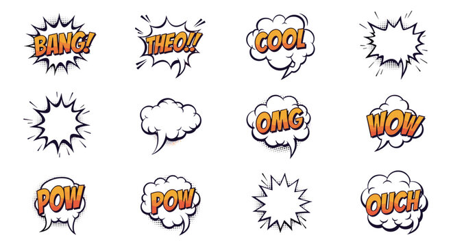 Set of vintage comic book speech bubbles with various action words and sound effects like bang, cool, omg, and wow for graphic art.
