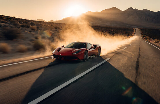 Red sports car driving through desert highway at sunset, mountains in background, cinematic dust, glowing orange sky, luxury lifestyle aesthetic, ultra realistic photography, dynamic motion, high 