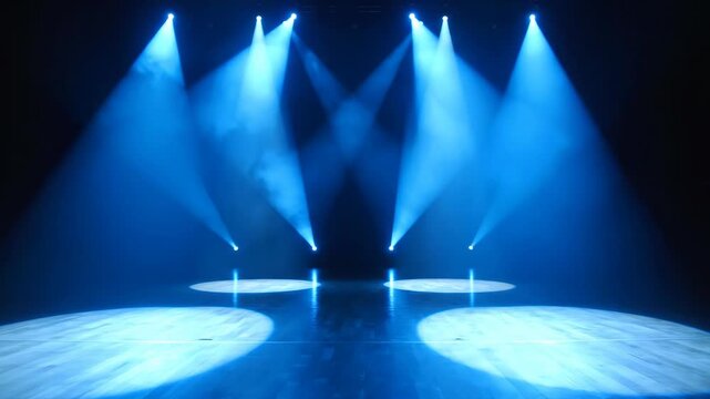 Empty dark stage illuminated by multiple bright blue spotlights shining from the ceiling onto the floor, creating circular pools of light and visible beams in a smoky theater atmosphere.