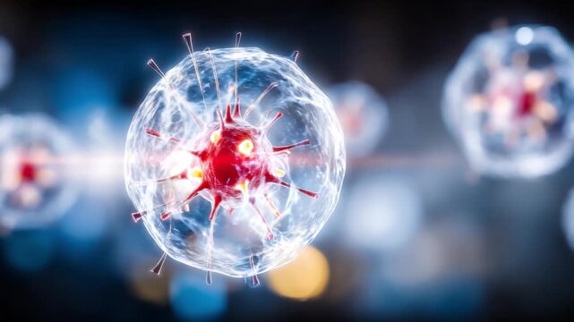Microscopic Cell Structure: A close-up, 3D render of a transparent spherical cell with a red nucleus at its core, surrounded by smaller identical cells.
