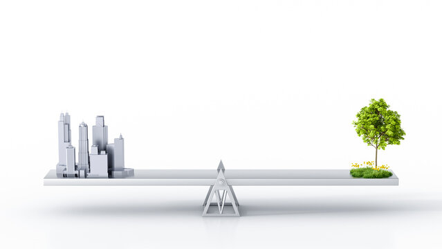 City and green tree balanced on seesaw against white background
