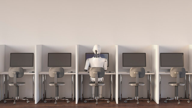 Robot sitting in office, working alone