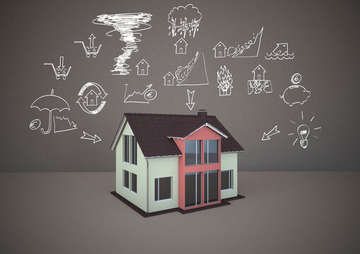 3D rendering, Family home with drawings of home dangers