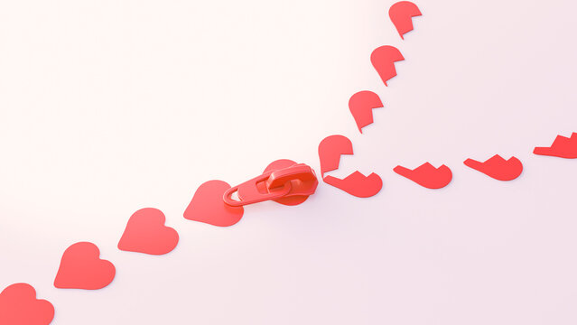 3D Illustration, zipper, heart shape symbols