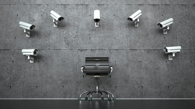 Three dimensional render of security cameras pointed at empty office chair