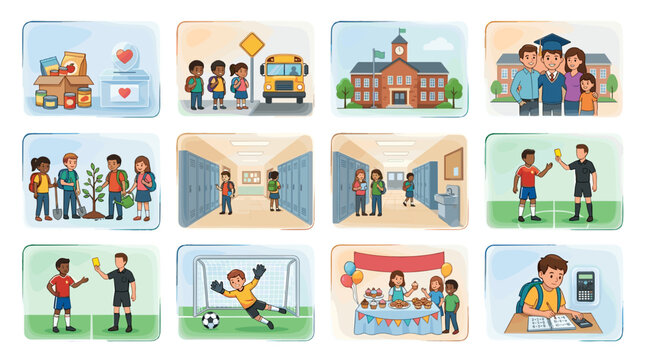Set of illustrations depicting various school and classroom activities