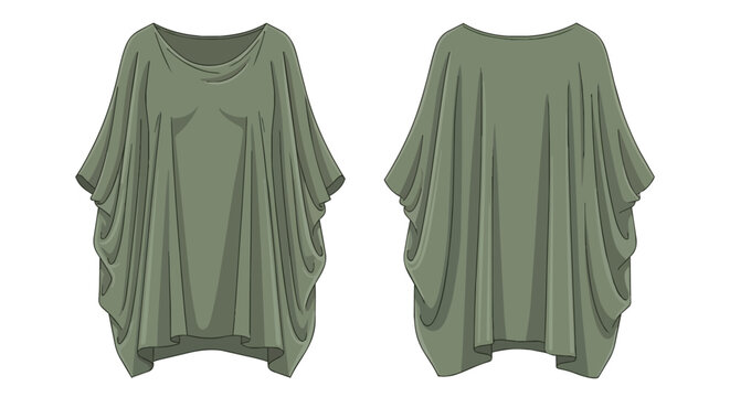 Oversized Batwing Tunic Illustration Front and Back View in Olive Green Draped Fashion Top Template for Women