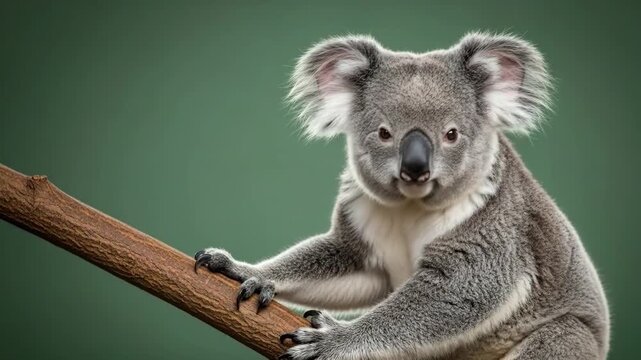 Curious koala gripping a sturdy branch against a green backdrop