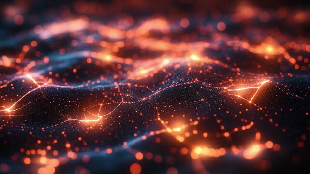 Digital Network Abstract: An abstract visualization of interconnected glowing nodes and lines, representing a complex digital network or data flow, bathed in warm orange and cool blue light.
