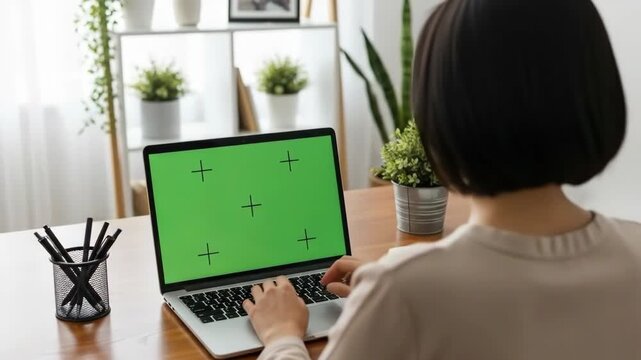 Person using laptop with green crosshair overlay on screen