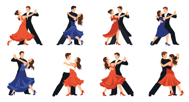 Set of various ballroom dancing couples in elegant dresses and suits performing different ballroom dance styles gracefully.