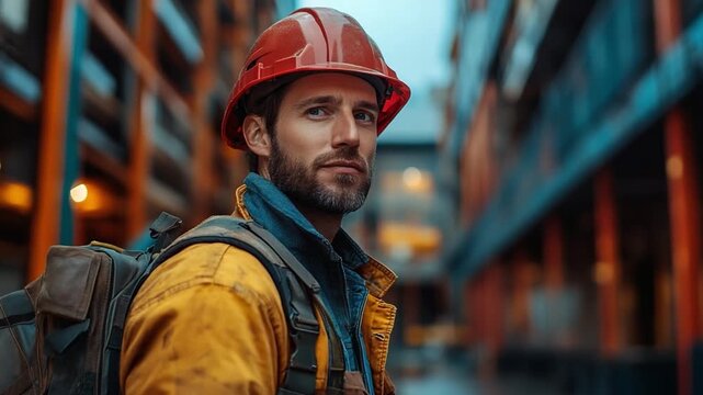 Construction Worker with Helmet: A determined construction worker, wearing a red hard hat and yellow jacket, stands at a construction site, his gaze fixed forward, ready for the challenges ahead.