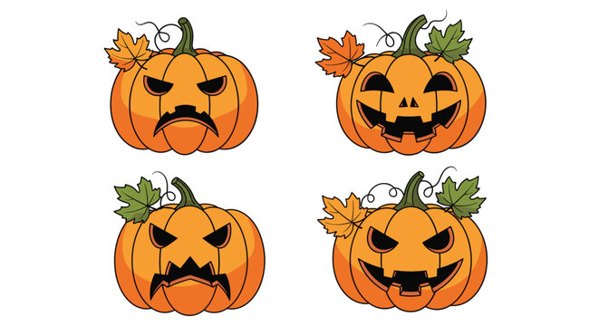 Four carved Halloween pumpkins with different spooky and angry faces for autumn holiday decorations and spooky themes.