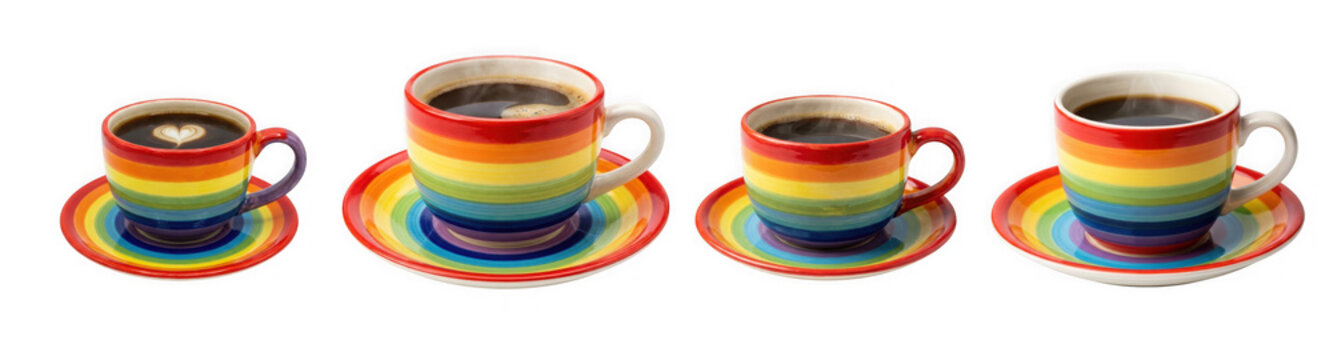 Four colorful rainbow patterned coffee cups with hot beverage and matching isolated on transparent background