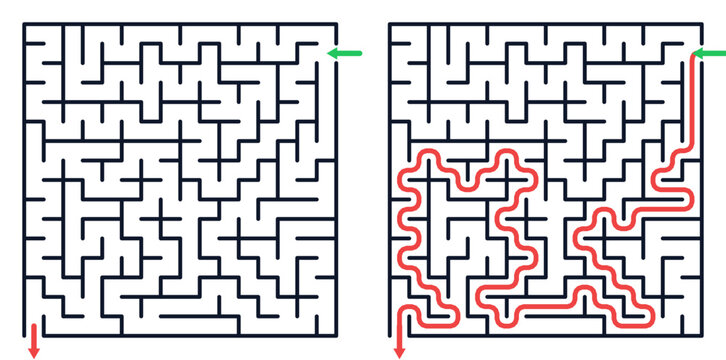 Classic right angle square maze puzzle game and solution path printable logic worksheet for kids vector design