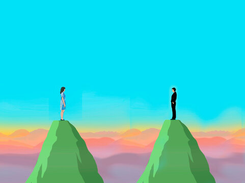 Man and woman standing on separate mountain peaks