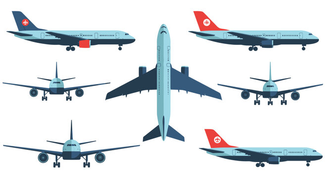 Collection of commercial passenger aircraft displayed from various angles including side profiles, front views, and a top-down perspective.