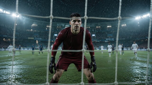 Goalkeeper standing inside goal net during rainy night match
