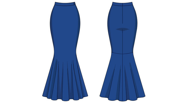 Royal Blue Mermaid Fishtail Maxi Skirt Fashion Technical Drawing Front and Back View Template