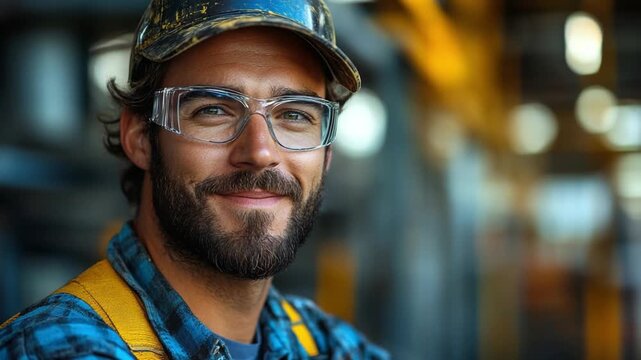 Confident Tradesman: A ruggedly handsome tradesman, sporting protective glasses and a hard hat, smiles warmly, exuding competence and dedication in an industrial setting.