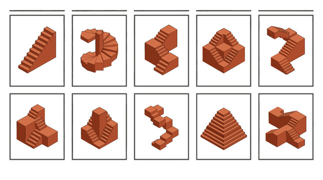 Set of wooden staircase blocks arranged in various shapes and angles