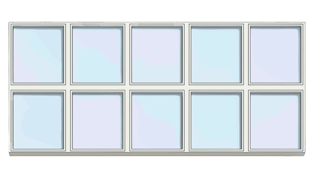 Multiple white window frames arranged in a grid pattern on a wall