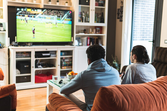 Young male friends playing soccer game on television in living room at home