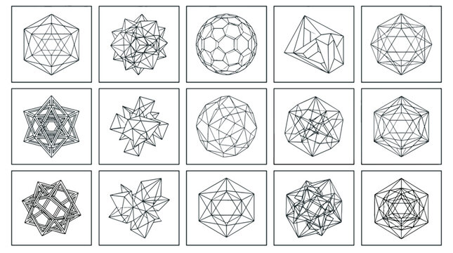 Collection of geometric wireframe shapes and polyhedra designs