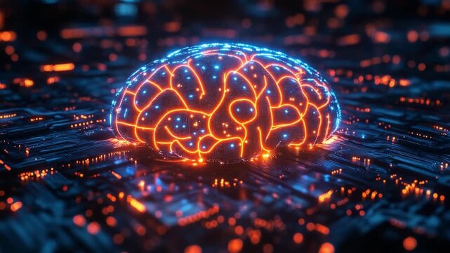 AI Brain Circuitry: A glowing, stylized brain constructed from intricate digital circuits, pulsing with vibrant neon orange and blue light against a dark, technological backdrop.
