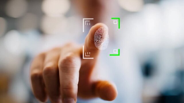 Fingerprint Scan for Security: A close-up shot showcases a person's finger being scanned by a digital biometric system, highlighting advanced security and personal identification technology.