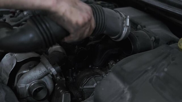 Close Up of Mechanic Hand Using a Socket Wrench Tool to Unscrew and Disassemble a Car Engine Part Under the Hood