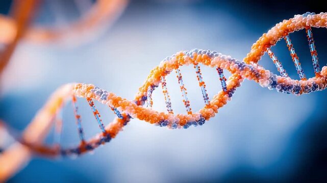 Abstract DNA Structure: A vibrant, macro view of a DNA double helix structure, rendered in glowing orange and blue hues against a softly blurred background, symbolizing life and scientific discovery.