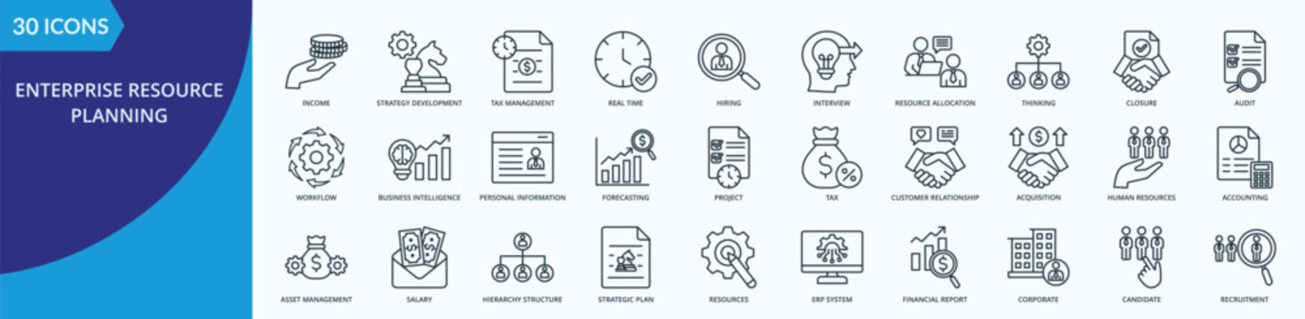 Enterprise Resource Planning Icon Set Illustration Vector Outline Style with income, strategy development, tax management, real time, hiring, thinking