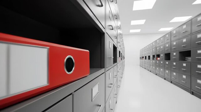 Rows of gray metal filing cabinets in a clean office archive room with white walls and bright square ceiling lights, showcasing a single red binder in a drawer with blank labels.