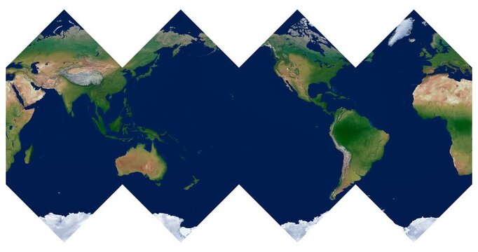 World Map. HEALPix projection animation showcasing high-detail physical Earth. Equal-area pixelization with hierarchical tiling. Longitude rotation in motion.