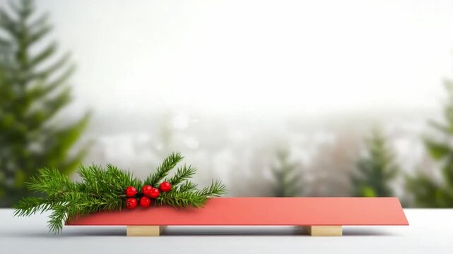 Festive Christmas Scene: A vibrant red wooden platform adorned with a sprig of evergreen and red berries sits in a softly blurred winter landscape, evoking a festive holiday mood.