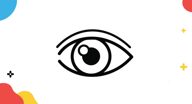 Minimalist black line art icon of human eye centered on white background with colorful abstract geometric shapes in the corners.