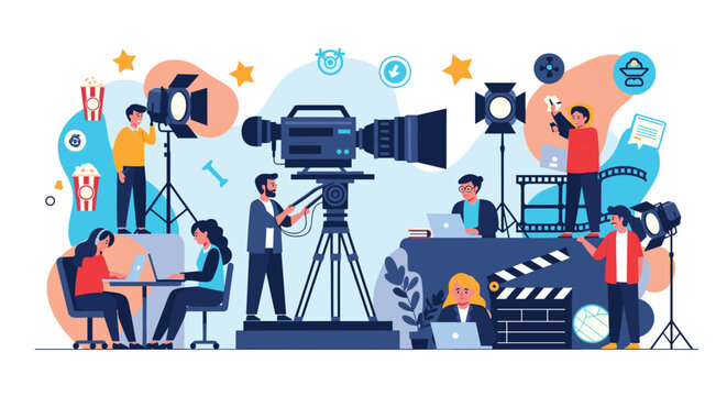 Professional film crew and media production team working with professional cameras and lighting equipment on modern television studio set.
