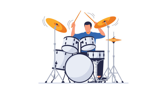 Energetic male drummer playing a professional drum set with motion lines showing dynamic musical performance and rhythm.
