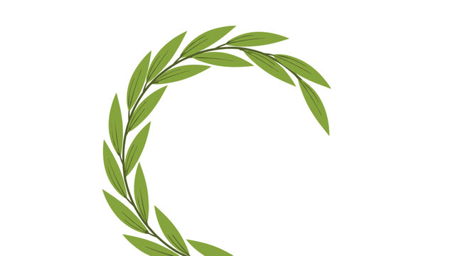 Minimalist green laurel wreath branch curved in a semicircle representing peace victory or achievement on white background.