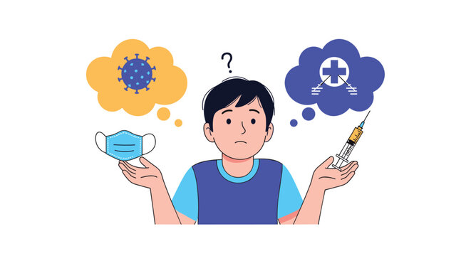 Confused boy weighing medical choices between protective face masks and vaccinations represented by thought bubbles.