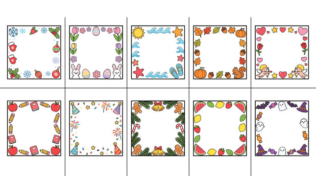 Collection of colorful floral and fruit border frames for design