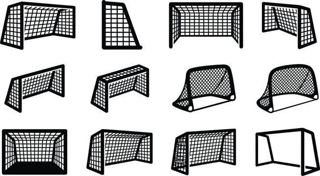 Football goal posts and net structures in diverse three dimensional positions.
