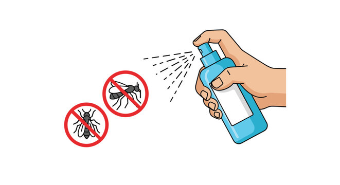 Hand using protective insect repellent spray bottle to deter mosquitoes and flies shown with crossed out bug icons.