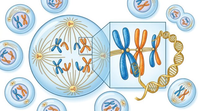 Detailed illustration of cell division with chromosomes dna structure and cellular mitosis process